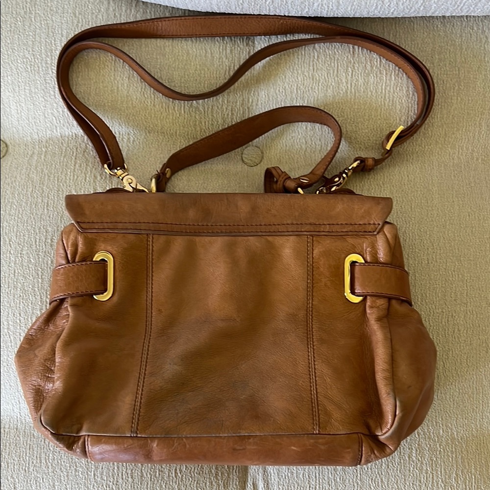 Badgley Mischka Brown and Gold Leather Shoulder Bag with Turnlock Closure Vtg - Picture 2 of 16